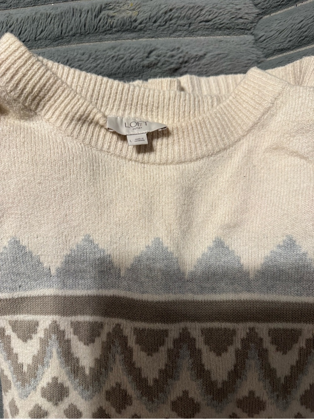 LOFT Cream Crewneck Sweater with Gray and Taupe Fair Isle